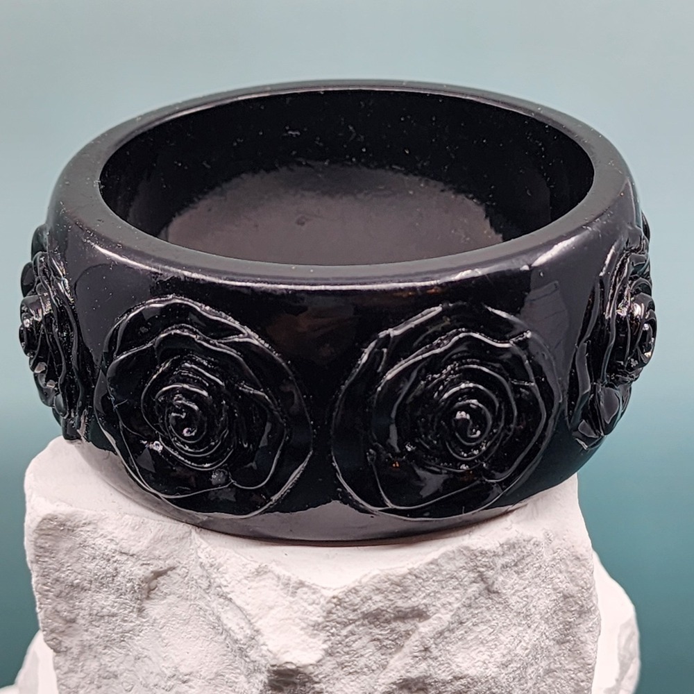 Black Rose Bangle Bracelet Wide Chunky Molded Floral Gothic Statement Jewelry